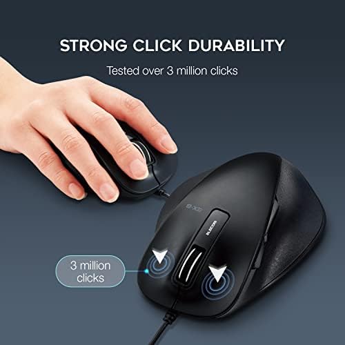 עכבר Elecom USB קווי, עכבר כבלים עם קליק שקט, שקט, עיצוב ארגונומי, כפתור 5, לחלונות ו- Mac, גודל גדול