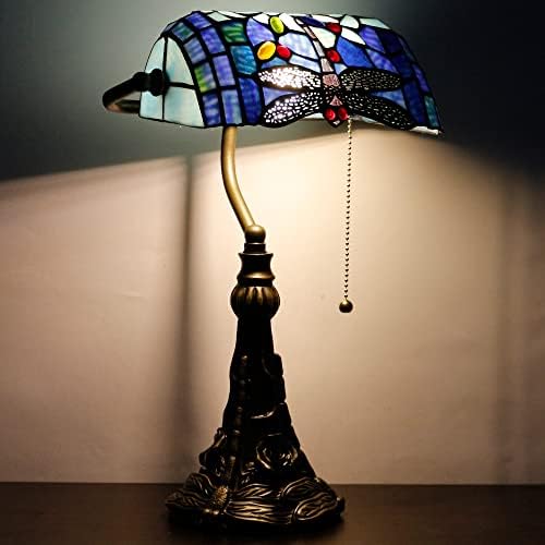 מנורות בנקאי מנורת טיפאני מנורת שולחן כחול שפירית סגנון מוכתם זכוכית מנורת שולחן, מתכוונן יוקרה זיכרון