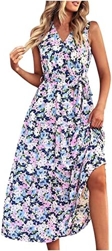 אביב & מגבר; שמלת קיץ לנשים 2023 הדפסת אופנה מקרית גבירותיי ללא שרוולים צווארון דק מחייב שמלה 1