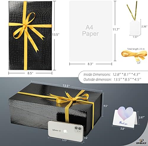 קופסאות מתנה שחורות אלגנטיות 2 מארז 13.5 על 8.5 על 4.5 אינץ', קופסת מתנה מנייר מעור תנין לתיבת הצעת שושבינה,