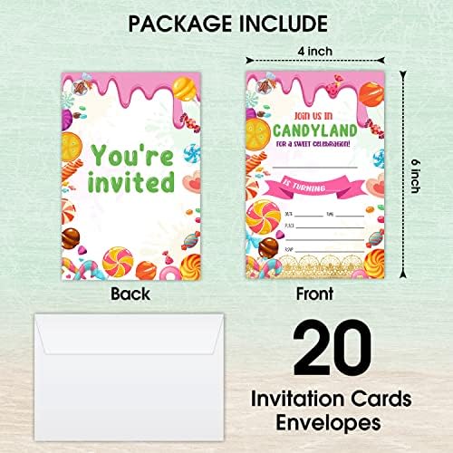 LWBEO Candyland Cards Hingiment Cards, מזמינים מסיבת ממתקים מתוקה, ציוד לקישוטים למסיבות יום הולדת שמח,