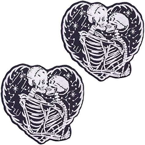 2 יחידים אוהבים זוגות שלדים שנמשכים לוגו המוות ברזל על תפירה על טלאי רקום יוקרה עבור ז'קטים תרמילי