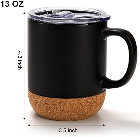 סט Soujoy של 4 ספל קפה בסיס פקק, ספל קרמיקה 13 Oz עם מכסים של קרקע פקק מבודד ושפכים, סט מתנות לספל