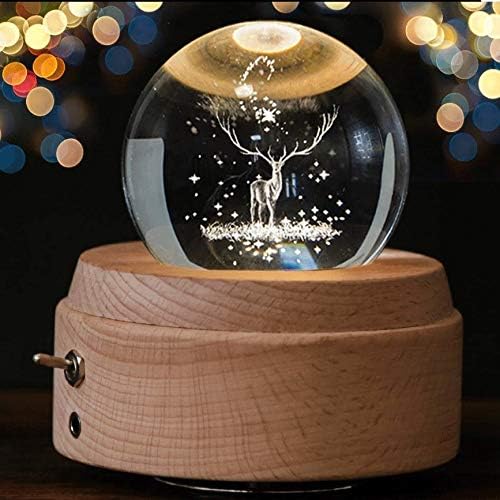 Yfqhdd עץ עץ קופסת מוסיקה של כדור קריסטל עם קופסת מוסיקה סיבוב אור בהקרנה