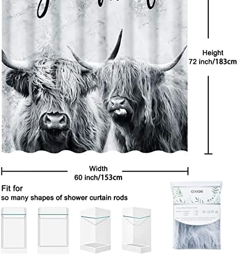 וילון מקלחת פרה של Gixige Marble Highland, קבל סגנון בית חווה קאנטרי מערבי, מצחיק לונגהורן שור כפרי הדפס בקרת