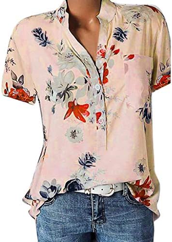גופזף נשים צמרות שרוול קצר 2023 כפתור קיץ V חולצות צוואר חולצות רופפות חולצות רופפות טייז גרפי פרחוני