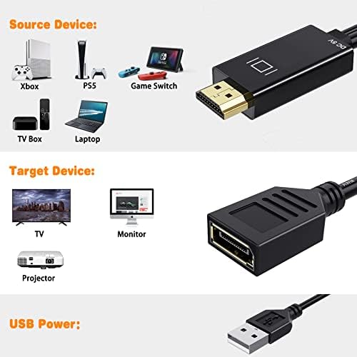Tendak HDMI למתאם DisplayPort, כבל ממיר 4K 60Hz HDMI לממיר DP, קלט זכר פעיל HDMI לממיר וידאו פלט נשי DP