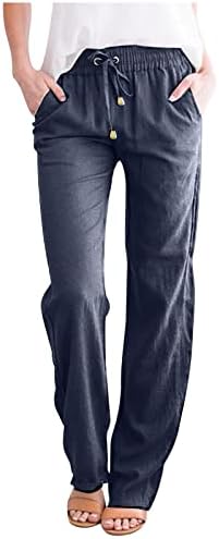 מכנסי רגל רחבים לנשים 2023 קיץ כותנה פשתן מותניים אלסטיים מכנסי מכנסיים להירגע מכנסי טרנינג בכושר