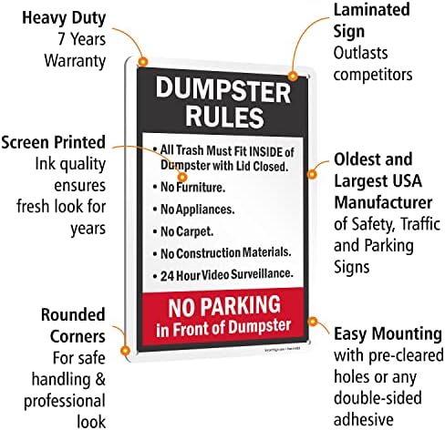 SmartSign כללי Dumpster - האשפה חייבת להתאים פנימה, מכסה סגור, ללא ריהוט, מכשירים, אין חניה מול זבל שלט מתכת,