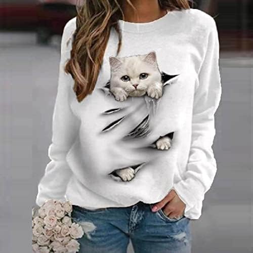 חמוד חתול מודפס נשים חולצות גבירותיי חולצות גרפי טיז ארוך שרוול צווארון עגול סווטשירט בסוודרים קומפי חולצות