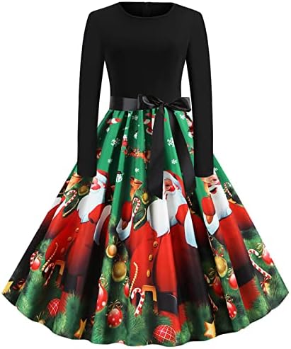 שמלות וינטג 'של שרוול ארוך לחג המולד חג המולד חג המולד הדפס גרפי של נשים שמלת מידי נדנדה מזדמנת שמלת מסיבת