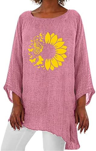 חולצות פשתן לנשים, גרפיקה חמודה מודפסת 3/4 שרוול O-Neck אופנה חולצות פשתן חולצות לבושות לנשים