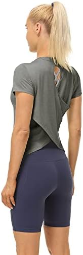 צמרות אימון של שרוול קצר של ICYZONE לנשים, חולצות T כושר חדר כושר פתוח, טיז יוגה ריצות צוואר גבוה