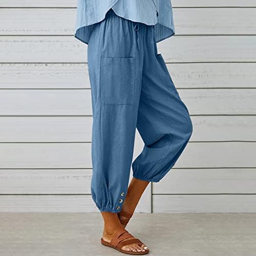 מכנסי פשתן של MXGYNXP מכנסי פשתן קיץ מזדמן רופף רופף מכנסי מותניים גבוהים קפרי יוגה מכנסי טרנינג רגל רחבה עם