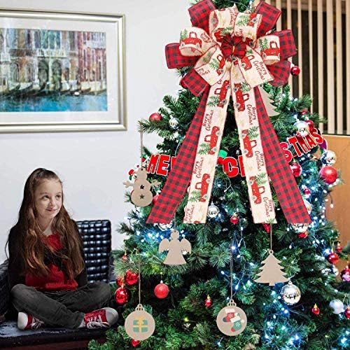 עץ חג המולד טופר גדול משובץ באפלו משובץ קשת מתנה אדומה ושחור לעץ חג המולד קישוטי מסיבת חג בעבודת יד -13 x 17