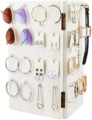 עמדת תצוגת תכשיטים מתקפלת של MOOCA מעץ, עם 32 ווים לחנות, כרטיס עגיל ותצוגת מחזיק מקשים, צבע לבן שטוף,