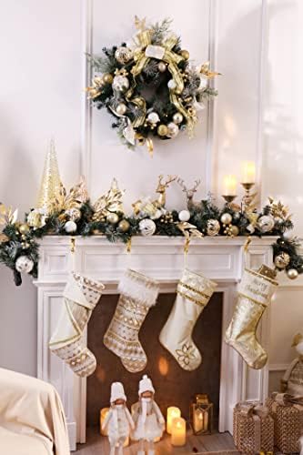 Valery Madelyn לבן זהב לבן חבילה לקישוט חג המולד 24CT קישוטים לכדור חג המולד + חצאית עץ חג המולד בגודל 48 אינץ
