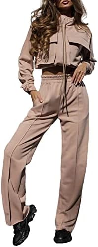 אימון מזדמן של אופנת נשים קוקוארה שני תלבושות אלגנטיות בצבע אחיד רוכסן רוכסן שרוול ארוך חליפת מכנסיים עליונה