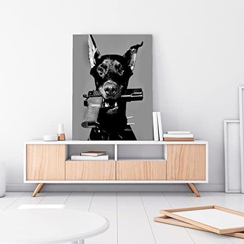 טומרט דוברמן עם אקדח שחור לבן קנבס פוסטר קיר ארט דקו דפוס ציור הדפס קנבס פוסטר אמנות קיר לחדר
