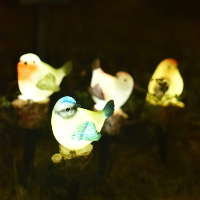 4 אריזות ציפורים אור סולארי שרף עיצוב חיצוני, צורת ציפורים פסל גן סולארי עם נורות LED לעיצוב גן חורף בסתיו,