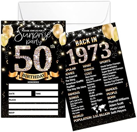 כרטיס הזמנה למסיבת יום הולדת 50 - זהב שחור מזמין עם חזרה בשנת 1973 הדפסת פוסטרים על הזמנת מילוי דו צדדית
