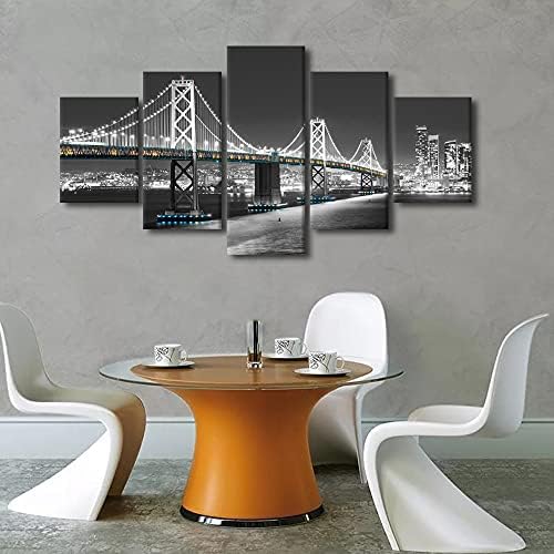 סן פרנסיסקו-אוקלנד מפרץ גשר שחור ולבן קיר אמנות 5 פנלים נוף עירוני קיר קישוטים לסלון והדפסי מודרני