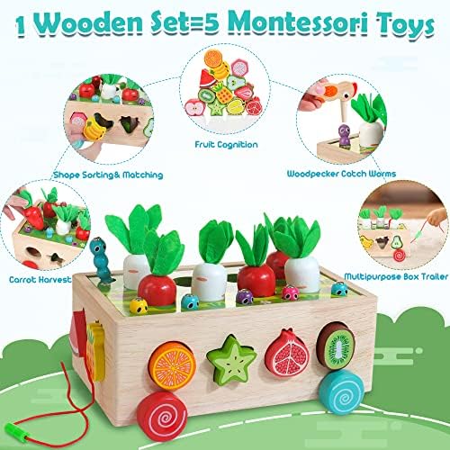 צעצוע של וודמאם מעץ מונטסורי צעצועים לפעוטות בני שנה, צעצועים חינוכיים עם משחק קציר גזר למשך 12