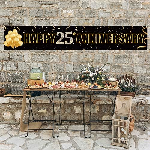 יואוקיי שמח 25 שנה לקישוטים לקישוטים לקישוטים, שלט מסיבת יום נישואין גדול בן 25 שנה, זהב שחור 25 שנה אבזרי
