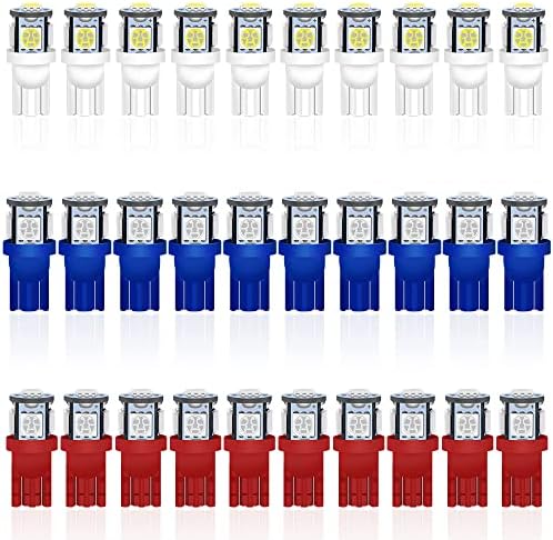 Alopee 30 חבילה 194 נורת LED לבנה/כחול/אדום משולבת T10 TORGGE LED BULB 5SMD-5050 168 נורת LED, 921 2825