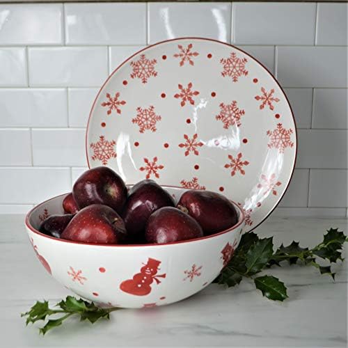 יורו Ceramica Winterfest Collection Collection, 120oz קערת פירות להגשה וקישוטים, אדום/לבן