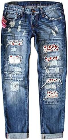 מכנסיים בתוספת גודל נשים נשים ג 'ינס מכנסיים ישר רגל קרע הדפסת אמצע עלייה מכנסיים ג' ינס גודל ג ' ינס