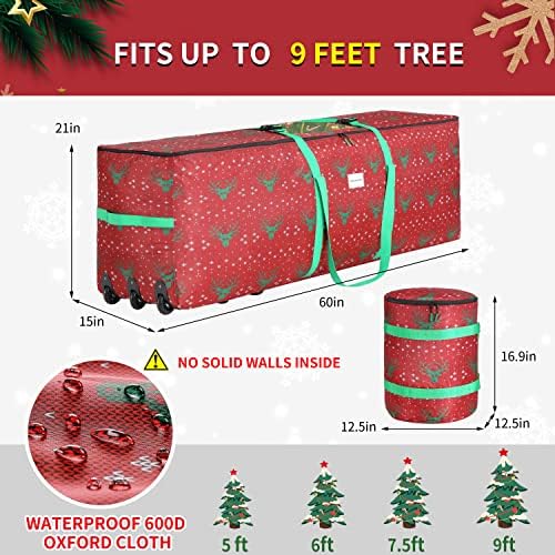 תיק אחסון עץ חג המולד מתגלגל, גלגול גדול מתאים עד 9 רגל תיק עץ חג המולד,21 אינץ 'על 15 אינץ' על 60