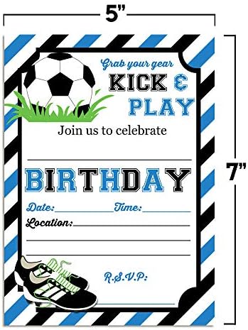 כחול ושחור בעיטה ושחק כדורגל בהזמנות למסיבת יום הולדת עם בנים, 20 5 x7 מלא קלפים עם עשרים מעטפות