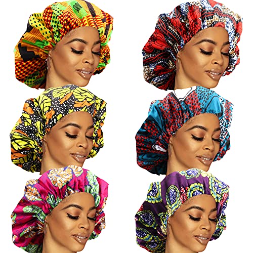 6 חבילות שכבה כפולה סאטן מצנפת לנשים משי אפריקני הדפס אפרו -שינה כובע ראש צעיף ראש גדול לעטוף לילה רך כובע שינה