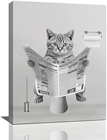 אמנות אמבטיה אמנות מצחיקה דקור חדר אמבטיה דוב יושב על שירותים קריאת קנבס עיתון מדפיס תמונות אמבטיה בשחור לבן