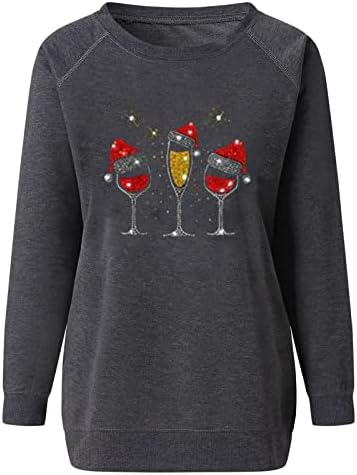 NARHBRG נשים צמרות חג המולד מצחיקות כוס יין מצחיקה חולצות טשטורות שרוול ארוך סוודר סווטשירט סווטשירט
