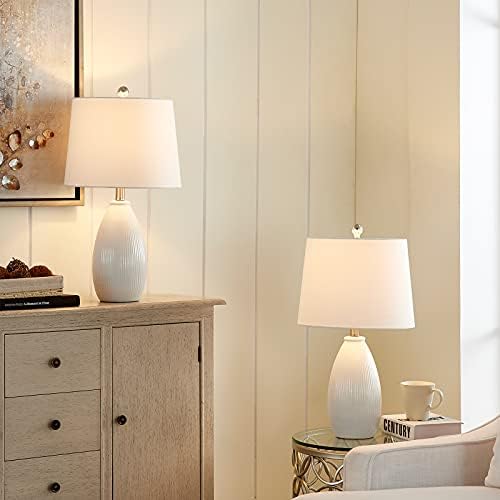 מנורות שולחן מקסקס סט של 2 - מנורות שידות לילה קרמיקה מנורת מיטה לבנה עם צל לבן לחדר שינה, סלון,