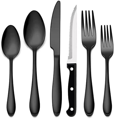 הומיקיט 48-חתיכה שחור כלי כסף סכום סט עם סטייק סכיני עבור 8, נירוסטה כלי אוכל סכום, מודרני כלי שולחן