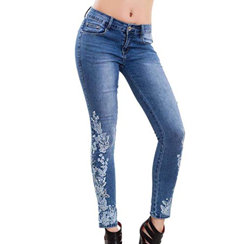 מכנסי ג'ינס רקומים פרחוניים של נשים אמצע עלייה רזה מכנסי ג'ינס סקי