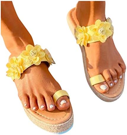 סנדלים לנשים דפוס פרחים מזדמנים סנדלים תחתונים עבה אופנה בוהן פתוחה סנדלים מוצקים אורגת נעלי צהוב