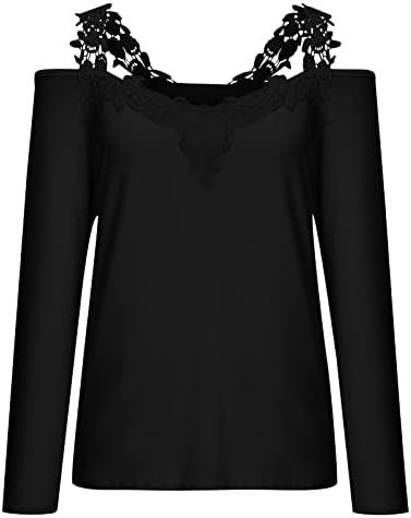 חולצת חולצה שחורה לבנות סתיו נוחות בקיץ בגדי צבע טרנדי שרוול ארוך תחרה v צוואר צוואר קז'ואלי עליון bx bx