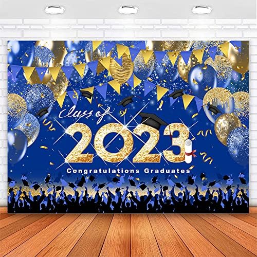 מעמד של 2023 סיום רקע כחול וזהב בלוני מזל טוב בוגרי רקע מזל טוב גראד מכללת נשף מסיבת באנר תא