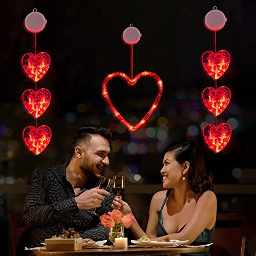 אורות חלון של יום האהבה של Lolstar, 3 חבילות בצורת לב אדום עם כוס יניקה תלויה אורות מיתרים,