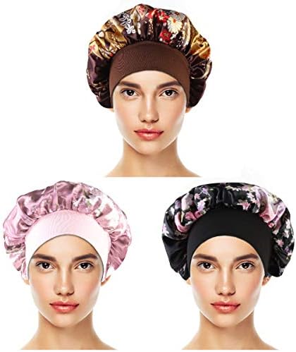 TMTOP 3 חבילות נשים כובע שינה סאטן, רצועה רחבה אלסטית כובע שינה פרחוני משיי שינה כובע שיער מכסה מכסה