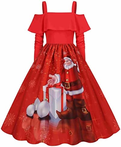 פרע פרוע של נשים שרוול ארוך סטרפלס שחבור חג המולד מודפס שמלת שולי גדול