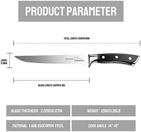 סכין קצבים מעץ אלון 5.5 אינץ', נירוסטה גרמנית, טאנג מלא, סכין פילה, סכין מטבח, סכין בשר רב תכליתית לקצבים,