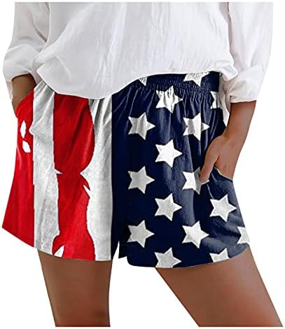 רוירויליקו נשים של אמריקאי דגל פטריוטי מכנסיים קצרים קיץ מזדמן חוף מכנסיים קצרים כושר רופף רחב רגל זורם שרוך