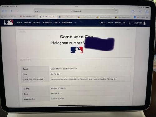 צ'רלי מורטון 7/4/2021 משחק השתמש בשנת Cap -WS חתומה MLB Hologram Morton Pitched - משחק משומש בייסבול
