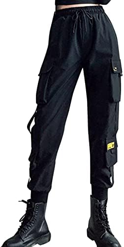 מכנסי מטען של NREAYLY מכנסי מטען שחור רוכסן רב כיס מכנסי מטען מזדמנים