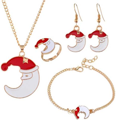 עגילי ירח Pretyzoom ירח חמוד תכשיטים מצוירים סט כובע חג המולד שמן שמן טפטוף עגילי שרשרת צמיד סט לנשים בנות נערות